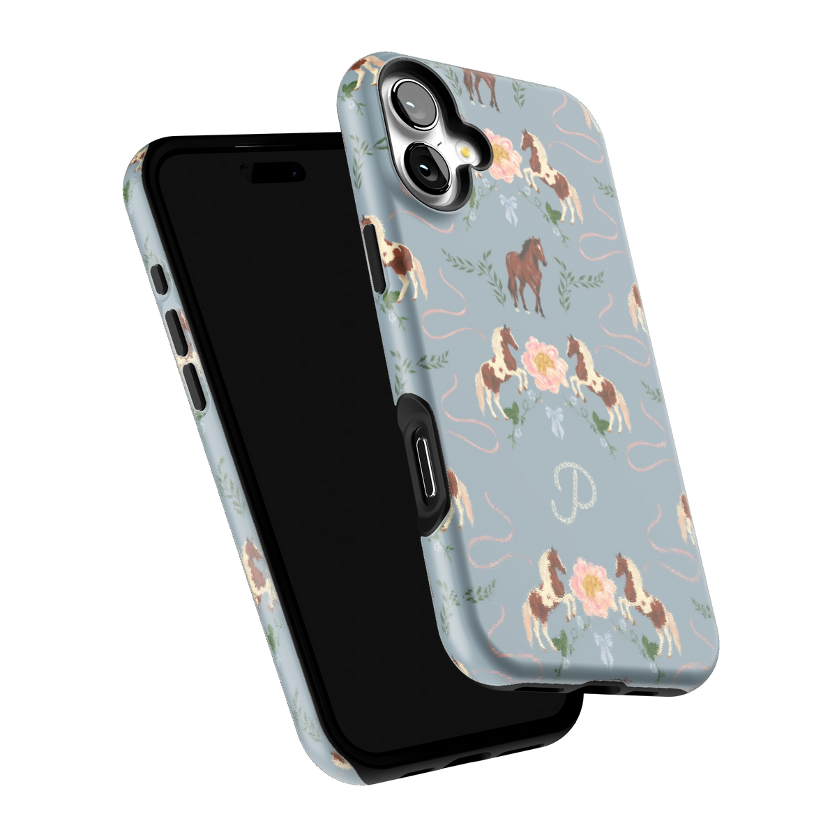 Prairie Personalized iPhone 16 Plus case tilted to show the raised edges around the screen and camera