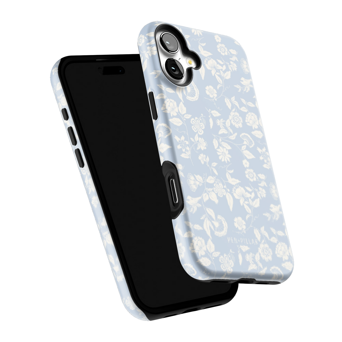 Spritz iPhone 16 Plus case tilted to show the raised edges around the screen and camera