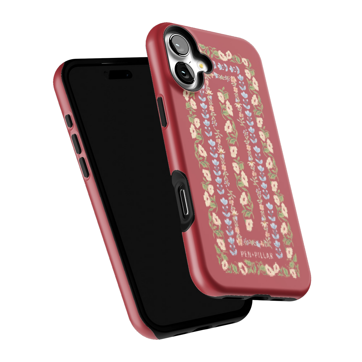 Fiona iPhone 16 Plus case tilted to show the raised edges around the screen and camera