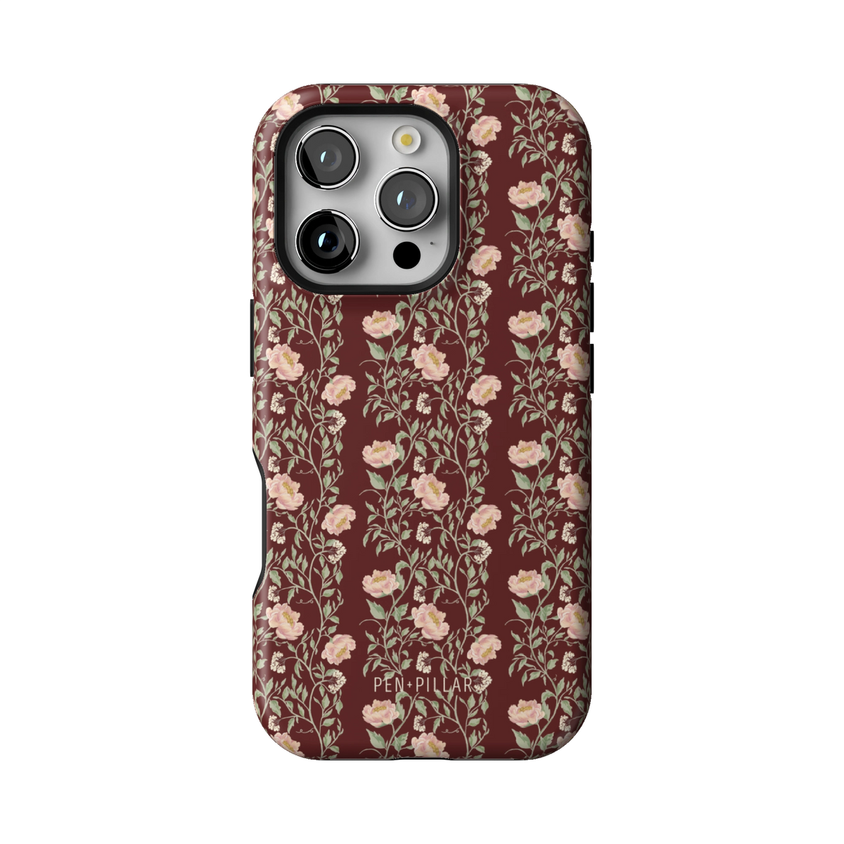 Thicket case on iPhone 16 Pro, back view: dense blush and cream florals on deep burgundy