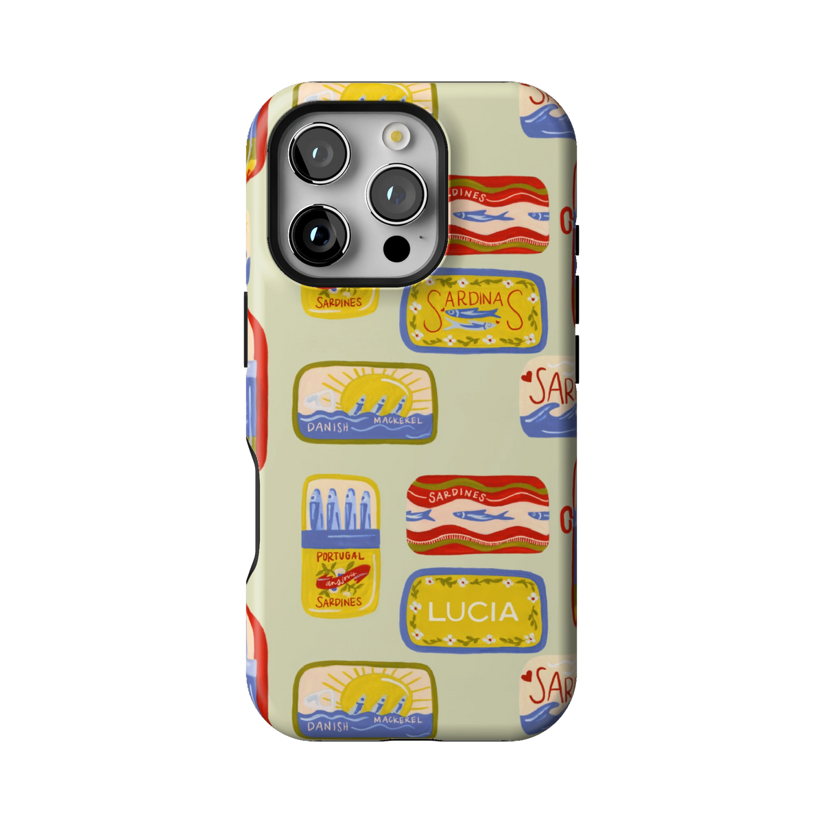 Sardines Personalized case on iPhone 16 Pro, back view: vintage sardine tins on pale sage with the name Lucia