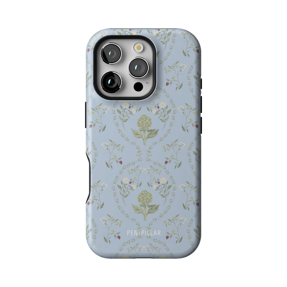 Artichoke case on iPhone 16 Pro, back view: soft green artichokes in a vintage trellis on dusty blue