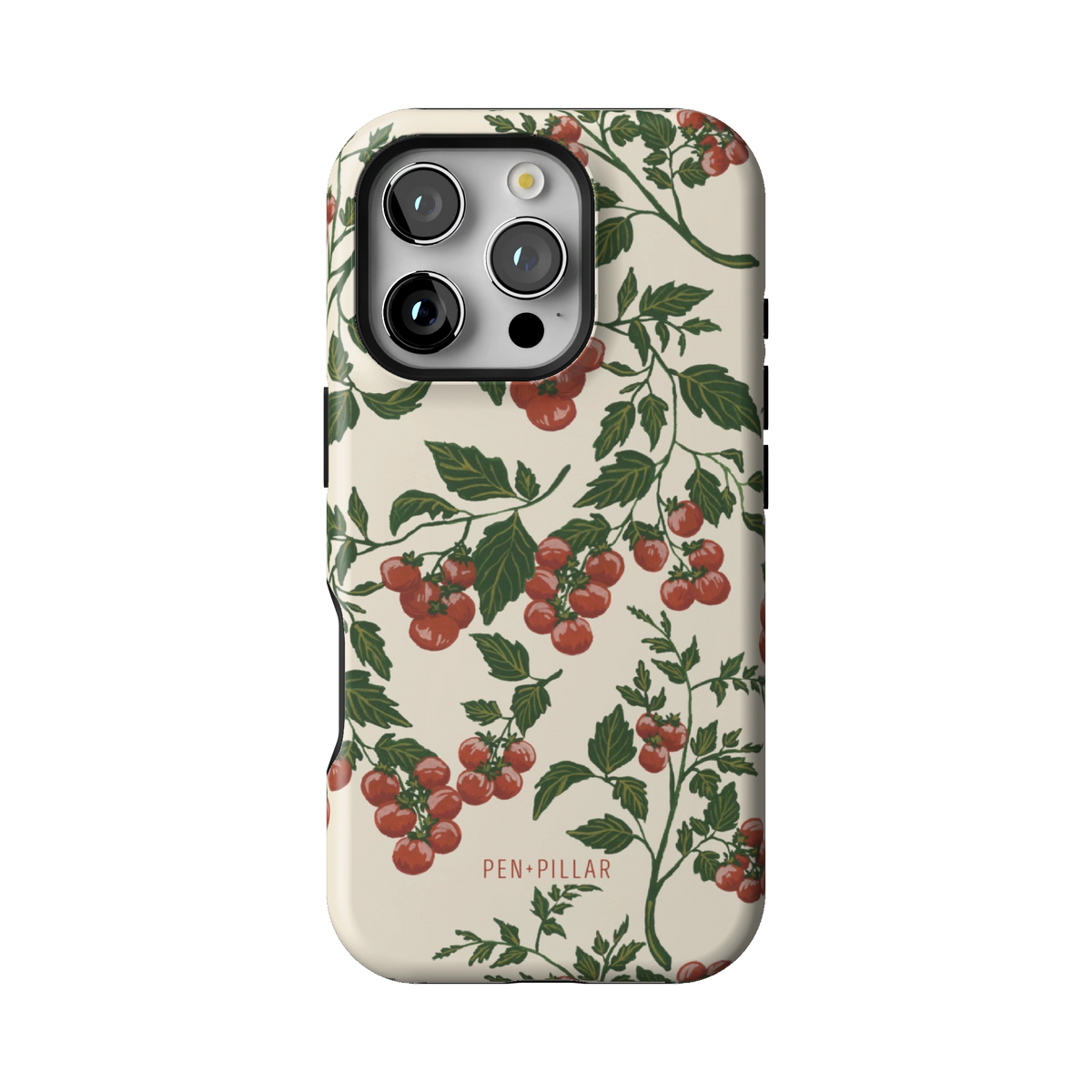 Tomato Vines case on iPhone 16 Pro, back view: red tomatoes on leafy green vines over cream
