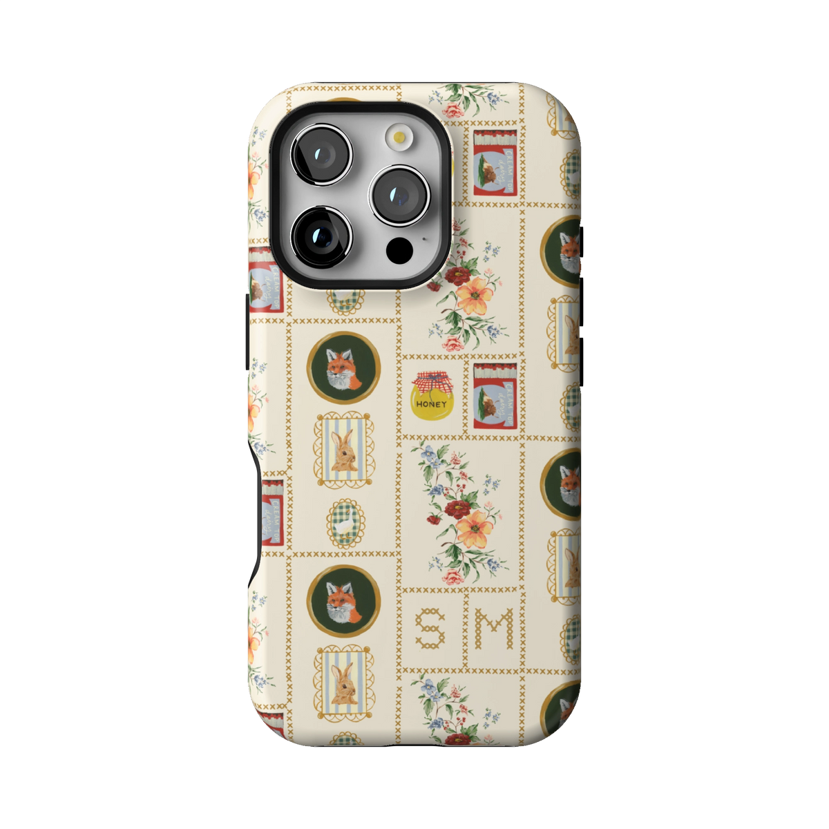 Sampler Personalized case on iPhone 16 Pro, back view: cross-stitch style squares of jars, animals and florals on cream with the initials SM