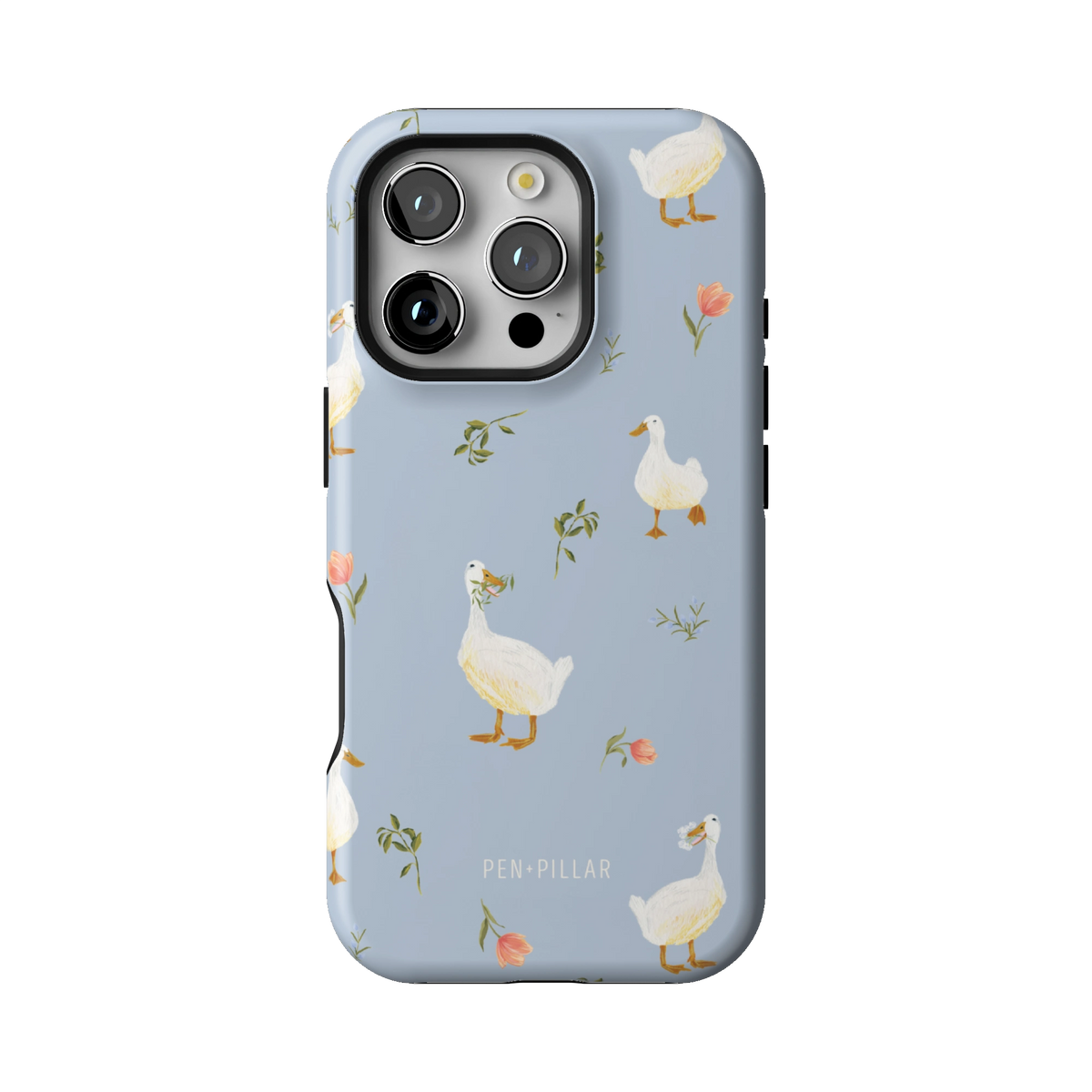 Ducks case on iPhone 16 Pro, back view: white ducks and small flower sprigs on soft blue