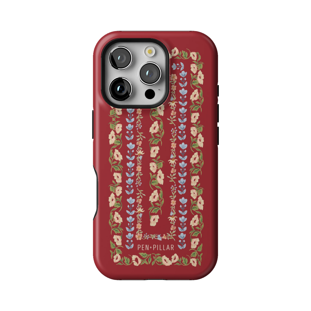 Fiona case on iPhone 16 Pro, back view: ornate floral stripes in cream, blush and blue on rich red