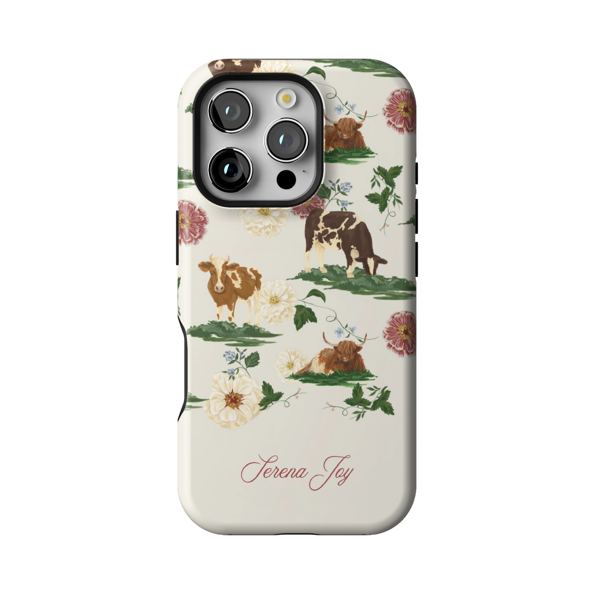 Pasture Personalized case on iPhone 16 Pro, back view: cows and dahlias in a countryside scene on cream with a name in script