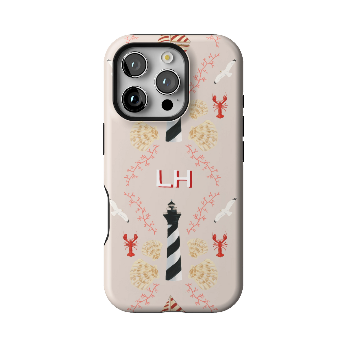 Lighthouse Personalized case on iPhone 16 Pro, back view: striped lighthouses, lobsters and seashells on blush with the initials LH