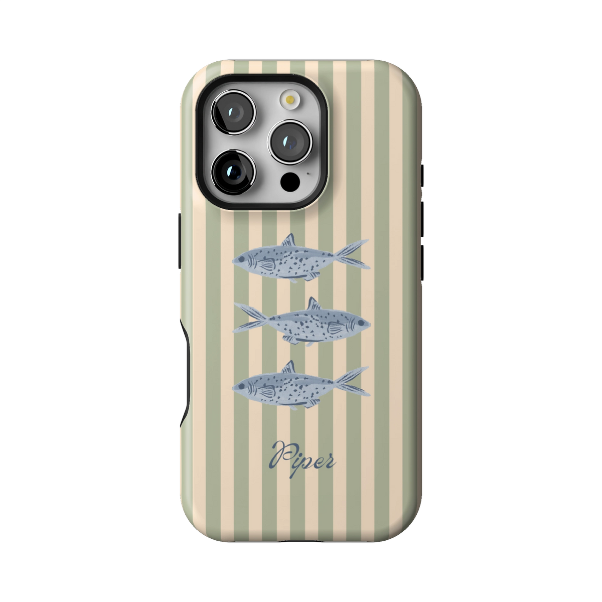 Sea Stripes Personalized case on iPhone 16 Pro, back view: blue fish on sage and cream stripes with the name Piper