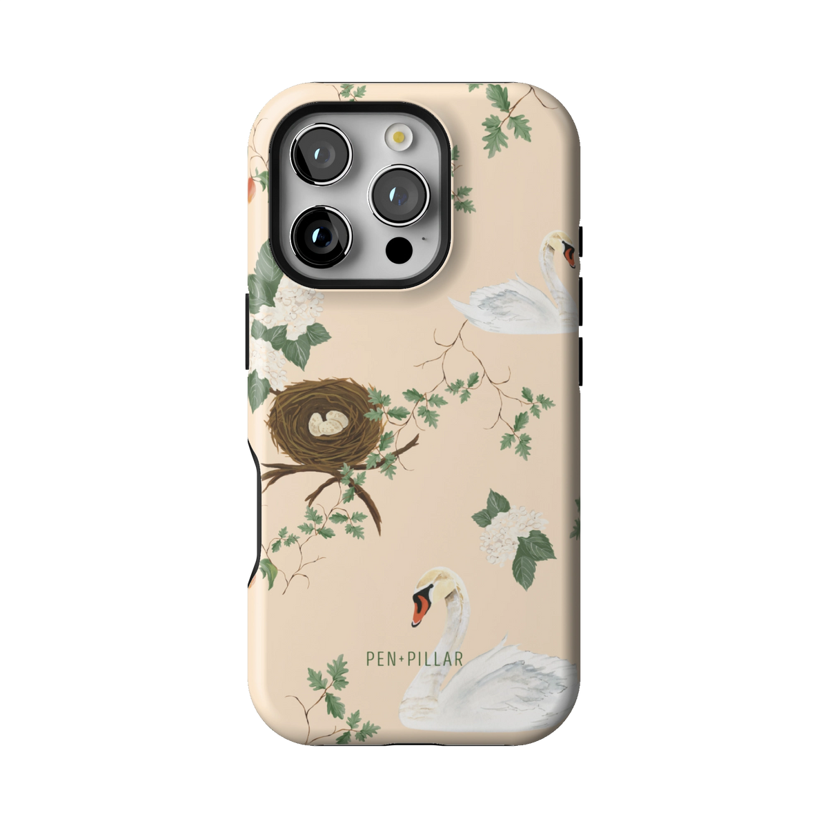 Swan Hollow case on iPhone 16 Pro, back view: swans, a bird's nest and trailing greenery on cream