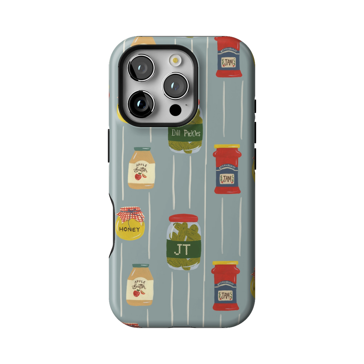 Preserves Personalized case on iPhone 16 Pro, back view: jars of honey, pickles and jam on slate blue stripes with the initials JT