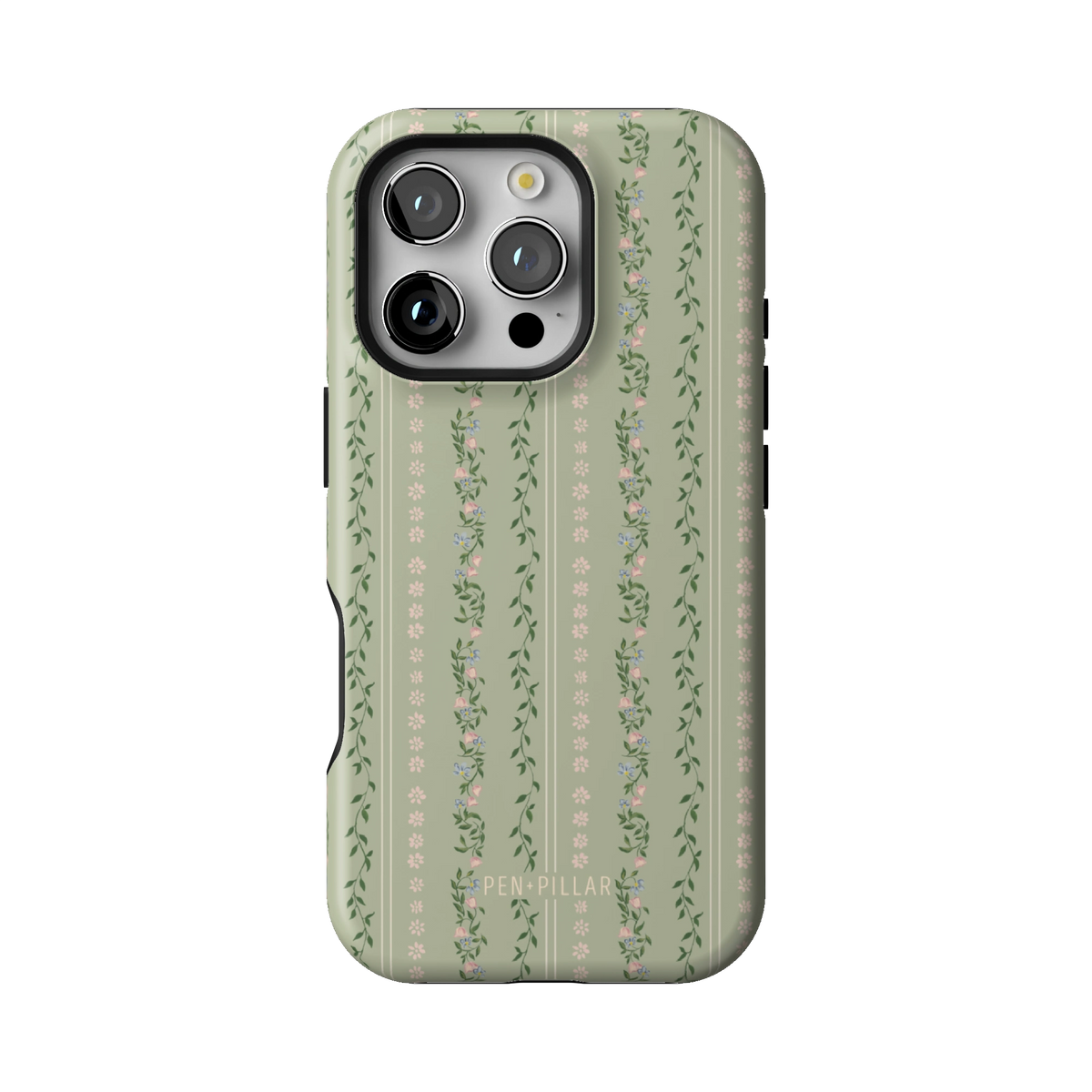 Camellia case on iPhone 16 Pro, back view: sage green with soft floral stripes