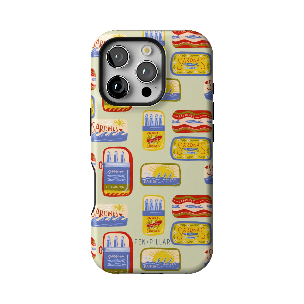 Sardines case on iPhone 16 Pro, back view: vintage sardine tins on pale sage
