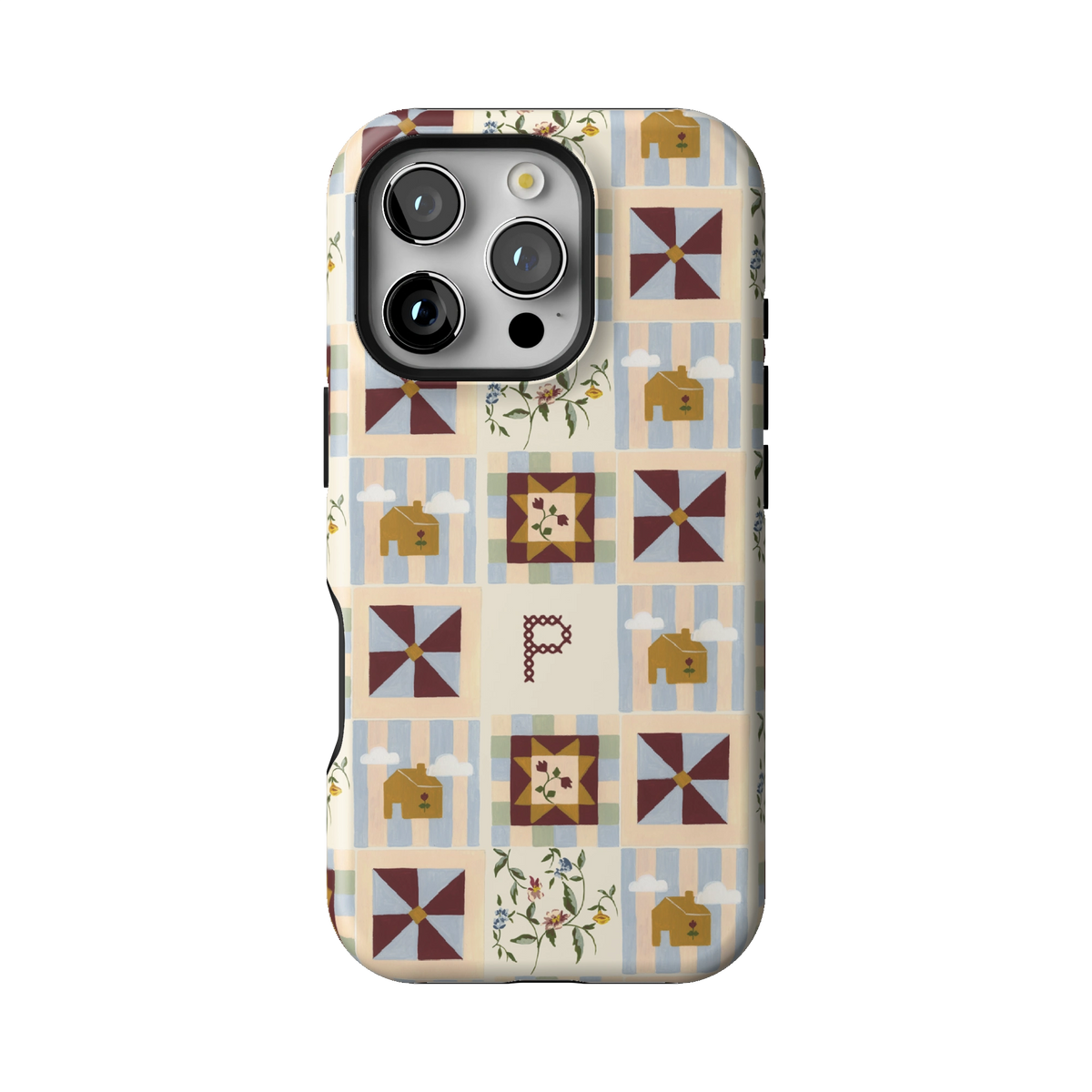 Pinwheel Personalized case on iPhone 16 Pro, back view: burgundy pinwheel quilt blocks on blue stripes with the initial P