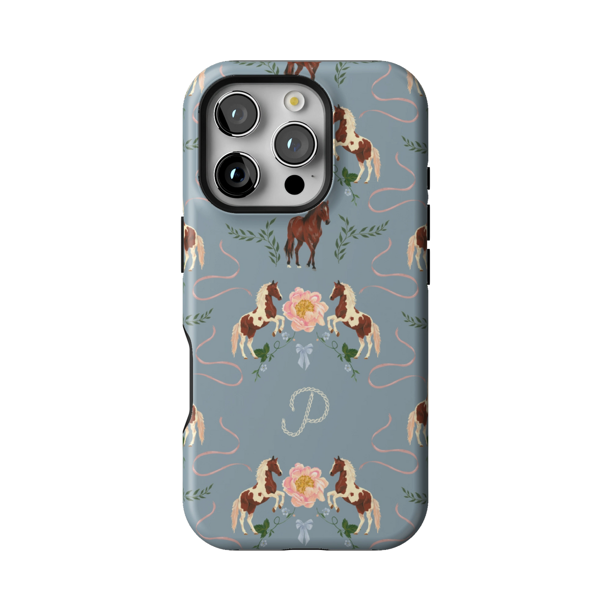 Prairie Personalized case on iPhone 16 Pro, back view: horses and blush florals on dusty blue with the initial P