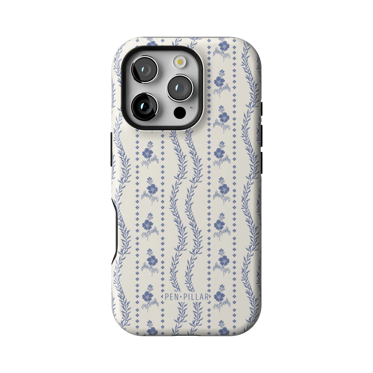 Riviera case on iPhone 16 Pro, back view: blue florals and vines in stripes on white