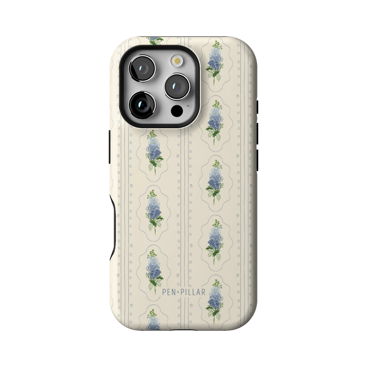 July Birth Month case on iPhone 16 Pro, back view: blue larkspur in cream frames