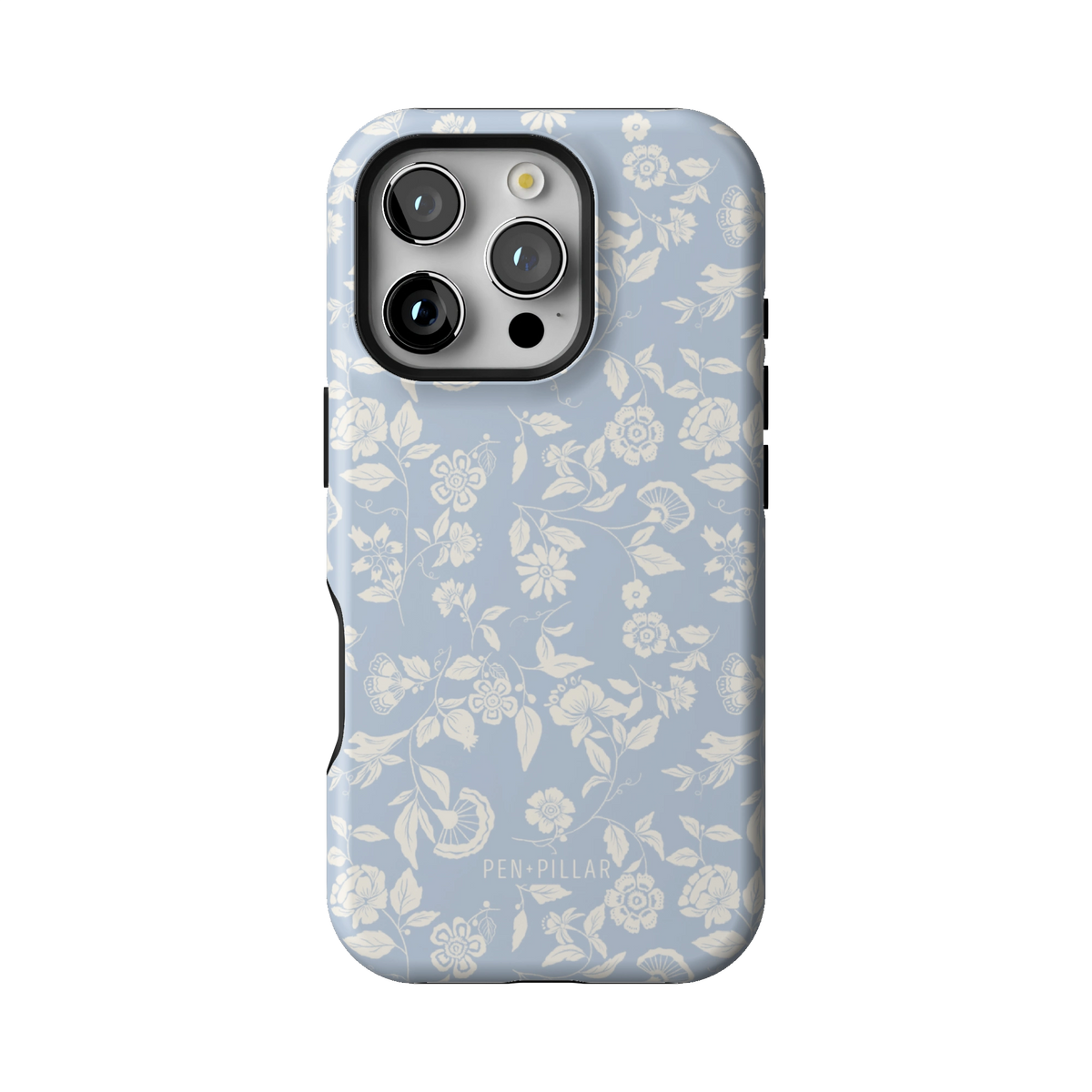 Spritz case on iPhone 16 Pro, back view: white florals on soft blue