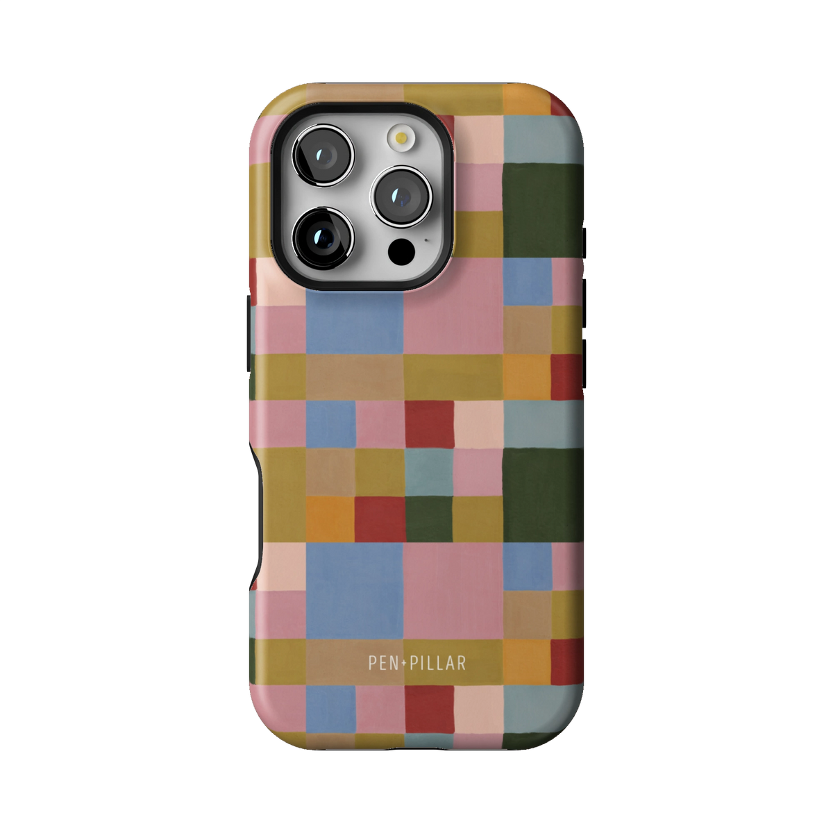 Colorblock case on iPhone 16 Pro, back view: painterly squares in blush, sky blue, mustard, rust and forest green