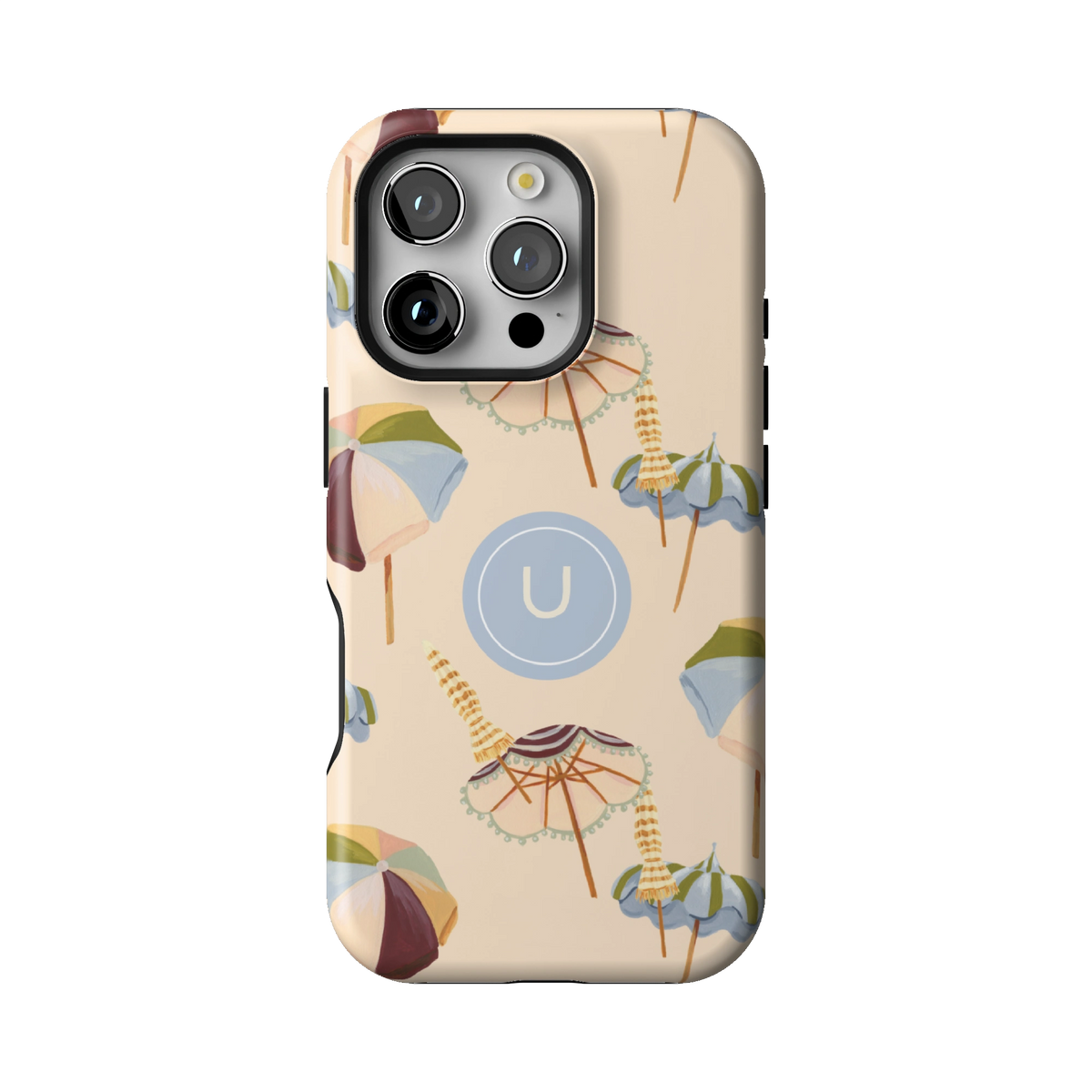 Umbrellas Personalized case on iPhone 16 Pro, back view: striped beach umbrellas and loungers on warm sand with the initial U
