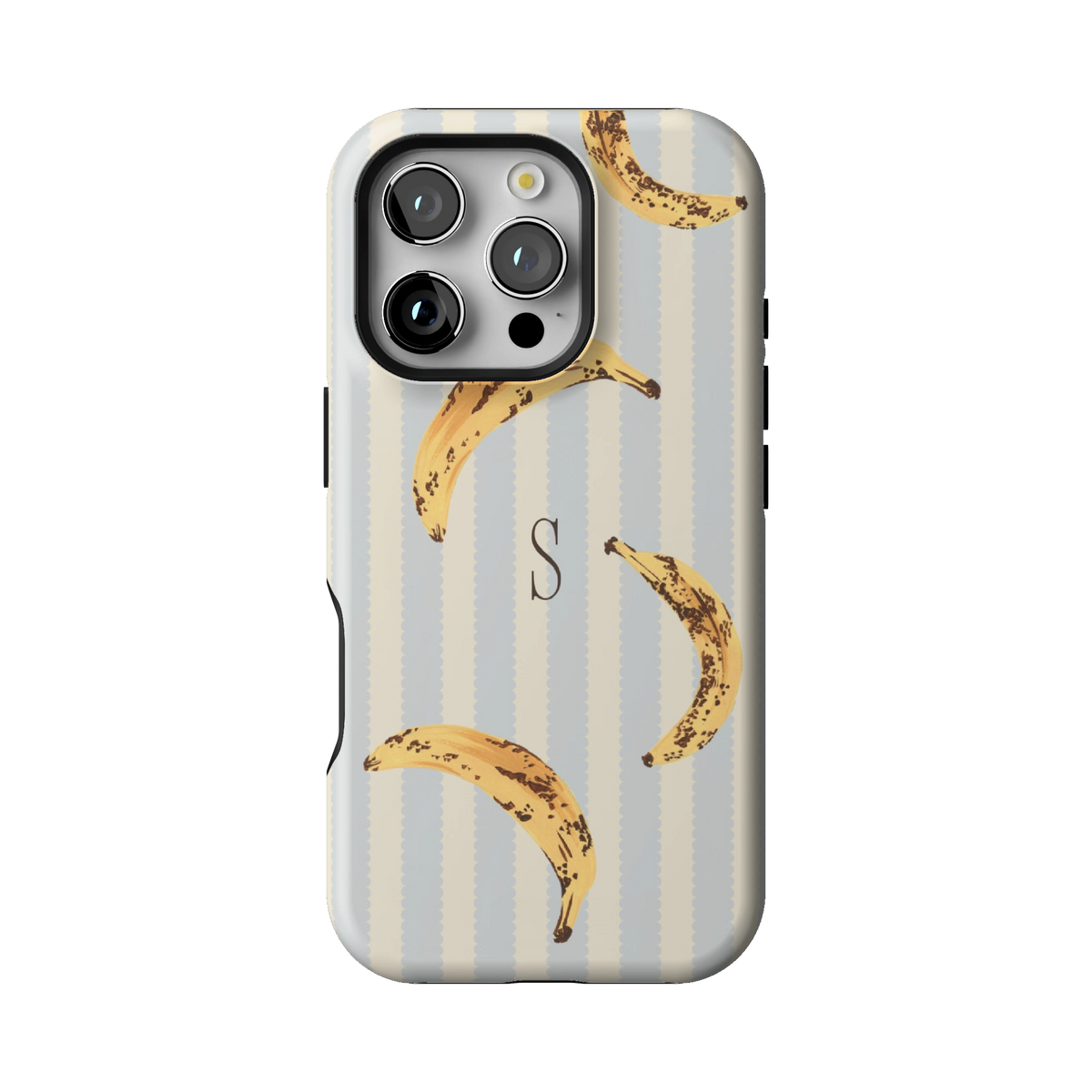 Striped Bananas Personalized case on iPhone 16 Pro, back view: ripe bananas on pale blue and cream stripes with the initial S