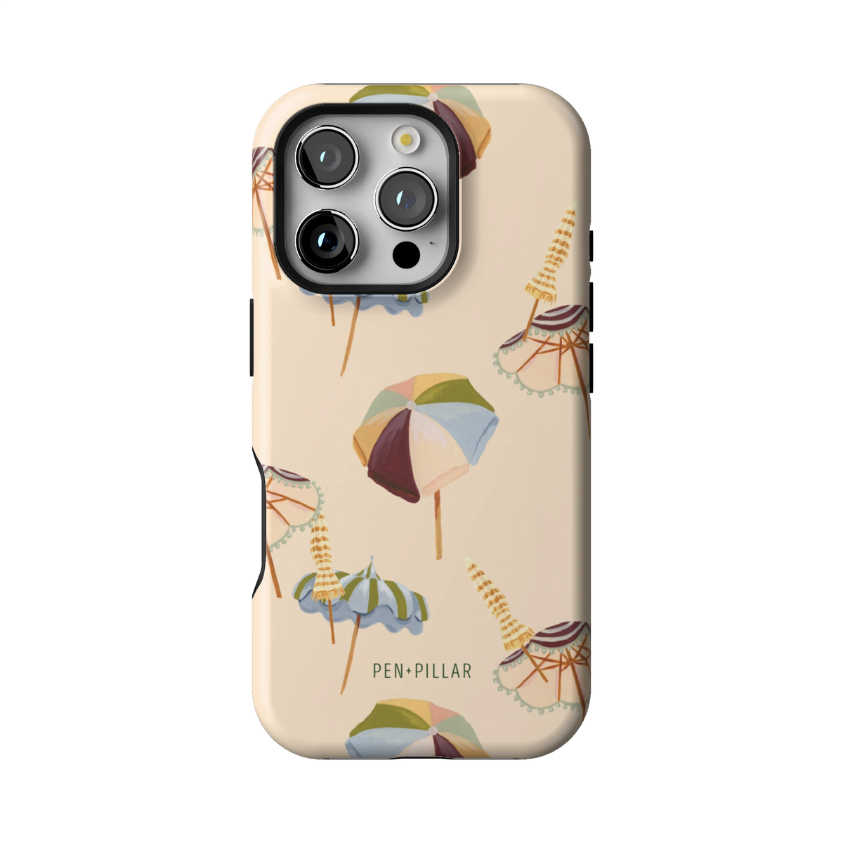 Umbrellas case on iPhone 16 Pro, back view: striped beach umbrellas and loungers on warm sand