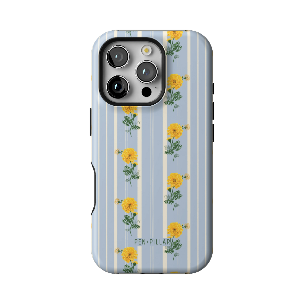 October Birth Month case on iPhone 16 Pro, back view: yellow marigolds on blue and cream stripes