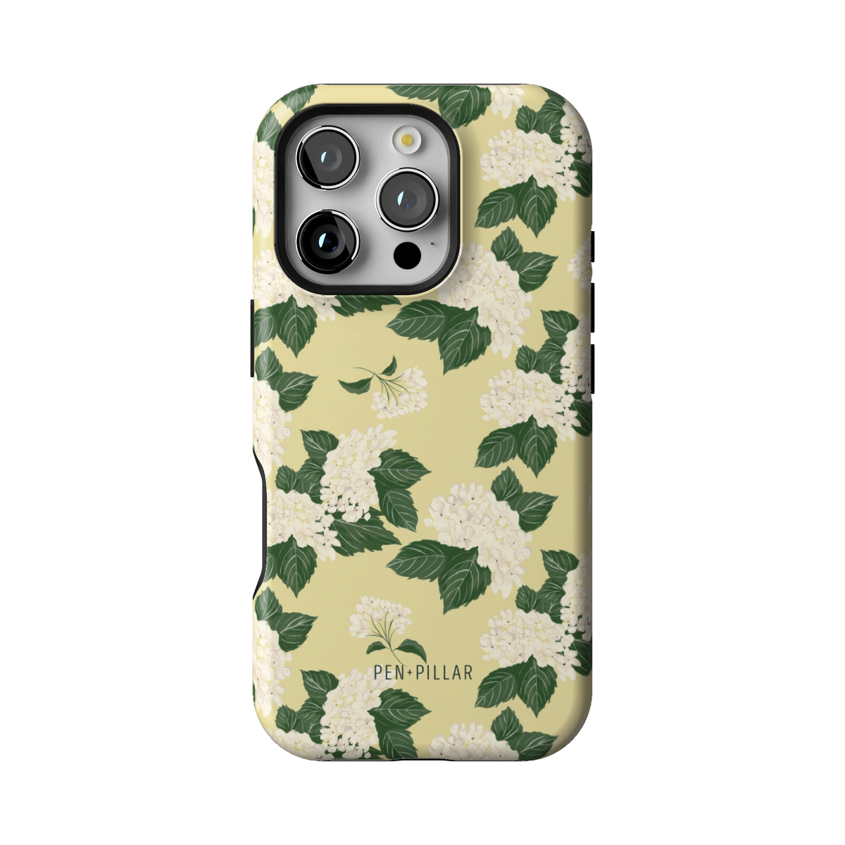Hydrangea case on iPhone 16 Pro, back view: white hydrangeas and green leaves on buttery yellow