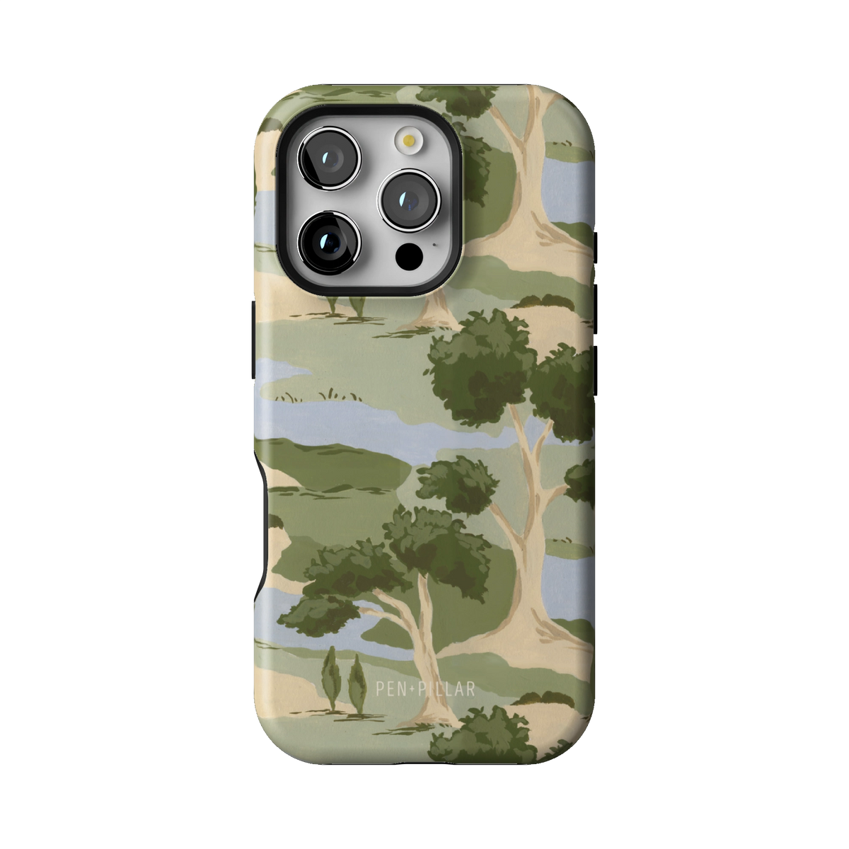 Orchard case on iPhone 16 Pro, back view: rolling green trees and winding blue streams on cream