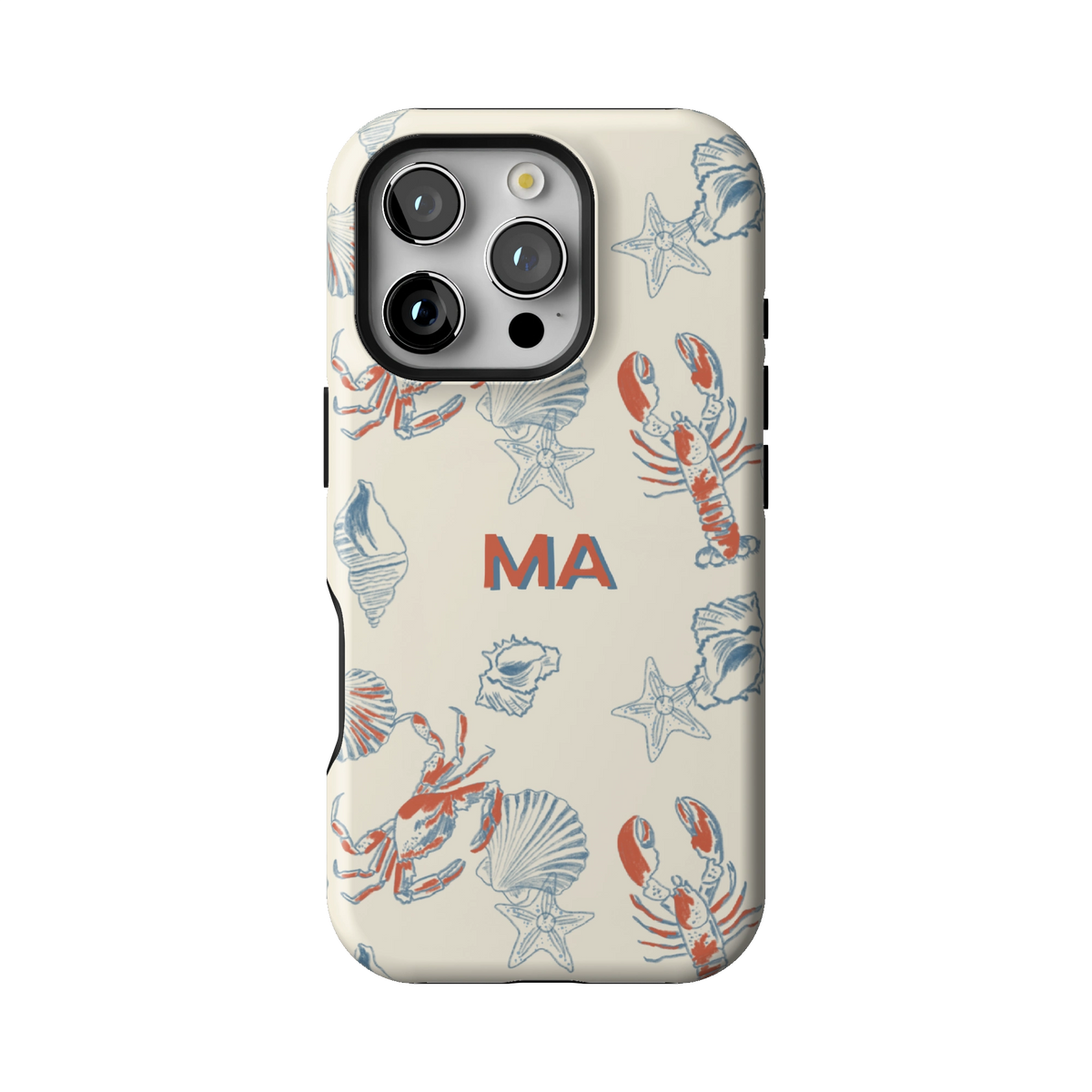 Mariner Personalized case on iPhone 16 Pro, back view: red lobsters, blue crabs and seashells on cream with the initials MA