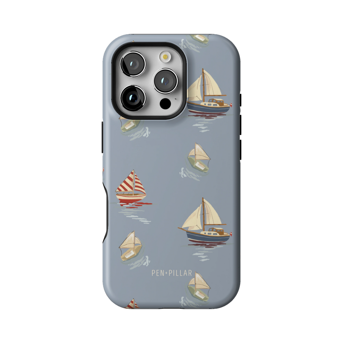 Harbor case on iPhone 16 Pro, back view: sailboats and paper boats on dusty blue