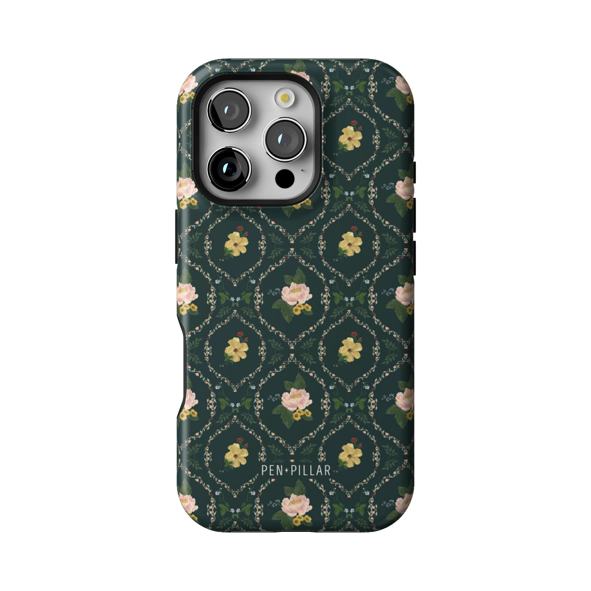 Meadow case on iPhone 16 Pro, back view: small yellow and pink flowers in a diamond trellis on deep green