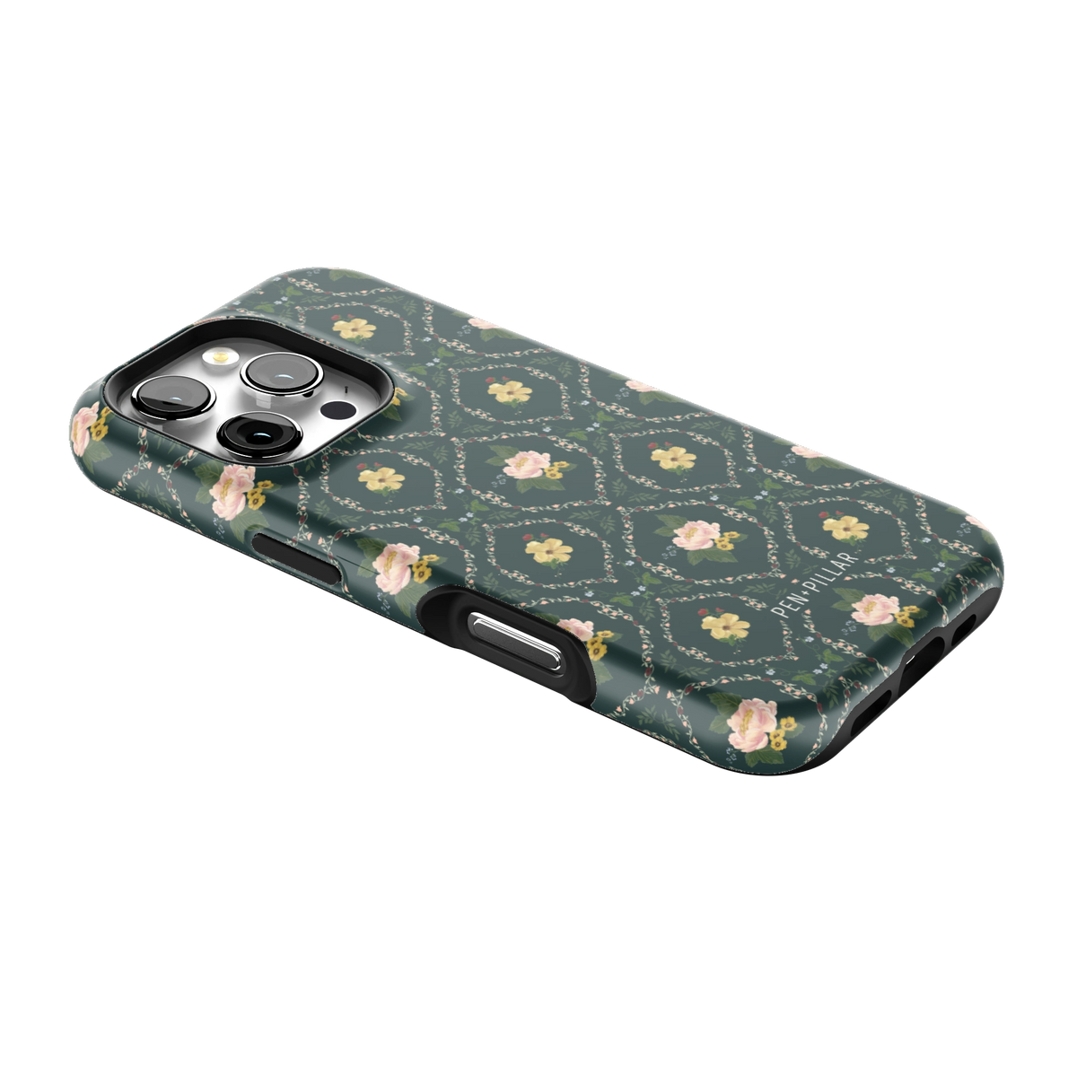 Meadow iPhone 16 Pro case lying at an angle, showing the side buttons and print wrapping the edges