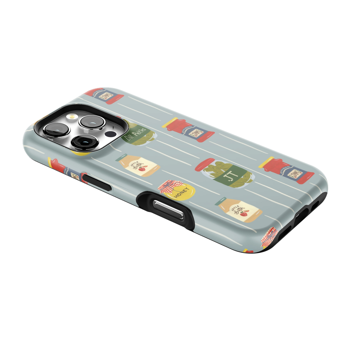 Preserves Personalized iPhone 16 Pro case lying at an angle, showing the side buttons and print wrapping the edges