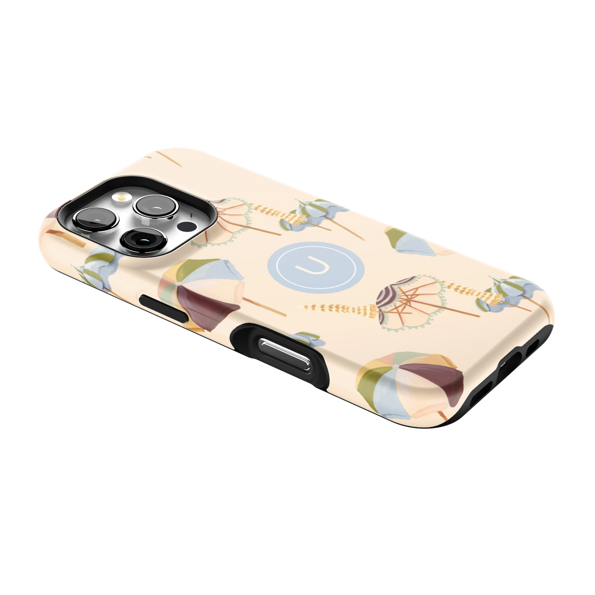 Umbrellas Personalized iPhone 16 Pro case lying at an angle, showing the side buttons and print wrapping the edges