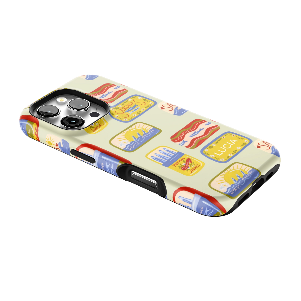 Sardines Personalized iPhone 16 Pro case lying at an angle, showing the side buttons and print wrapping the edges