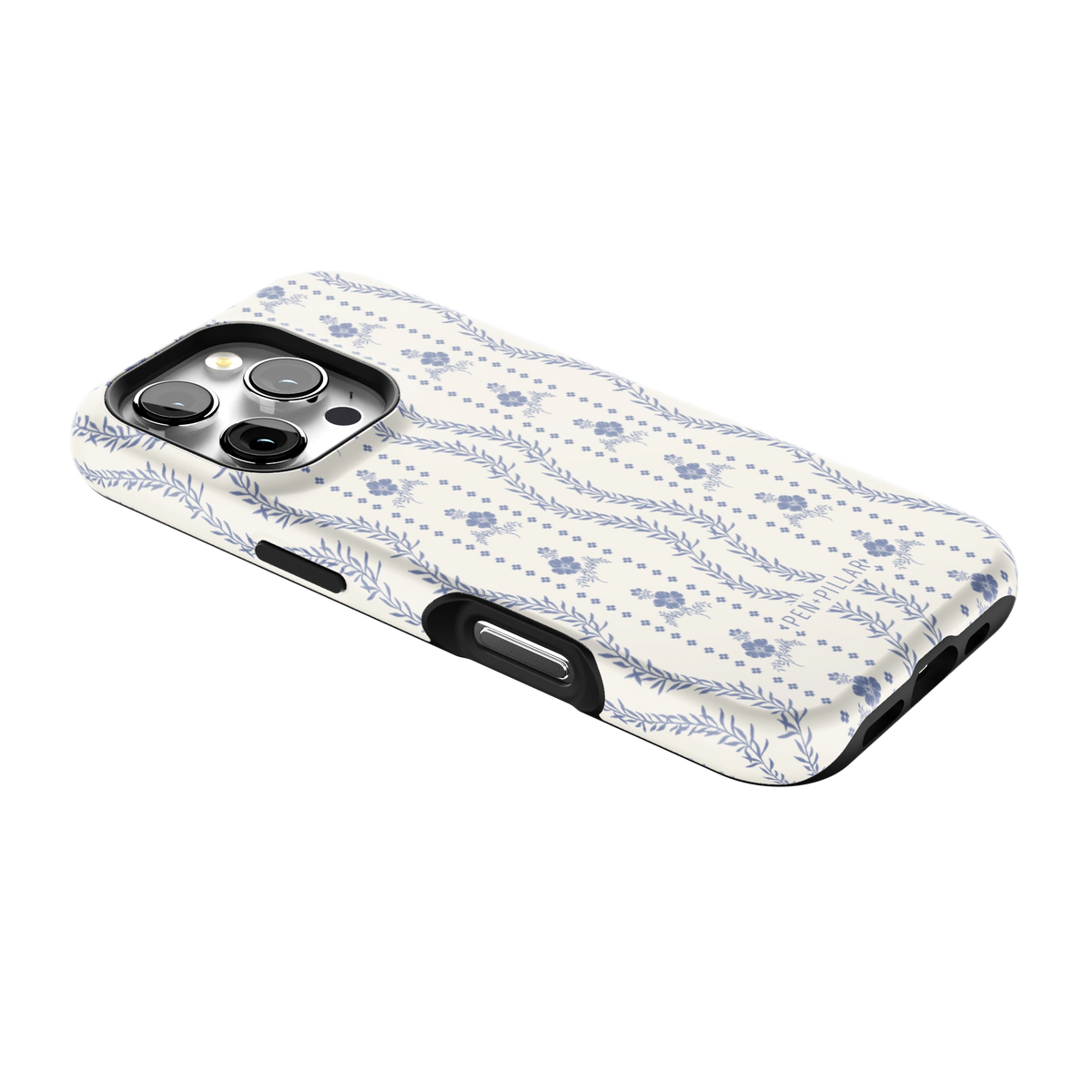 Riviera iPhone 16 Pro case lying at an angle, showing the side buttons and print wrapping the edges