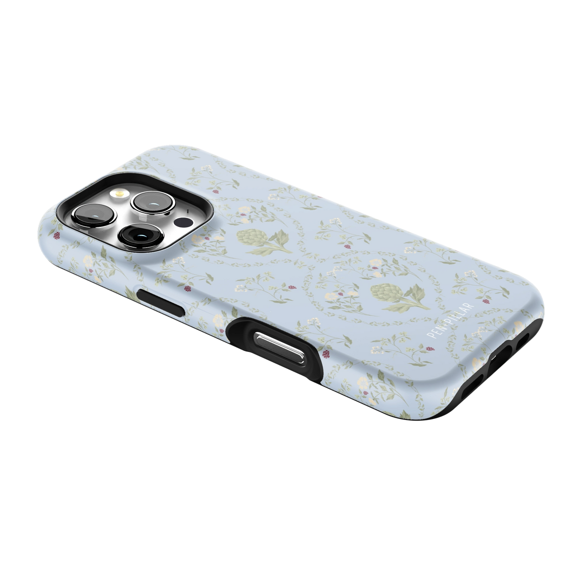 Artichoke iPhone 16 Pro case lying at an angle, showing the side buttons and print wrapping the edges
