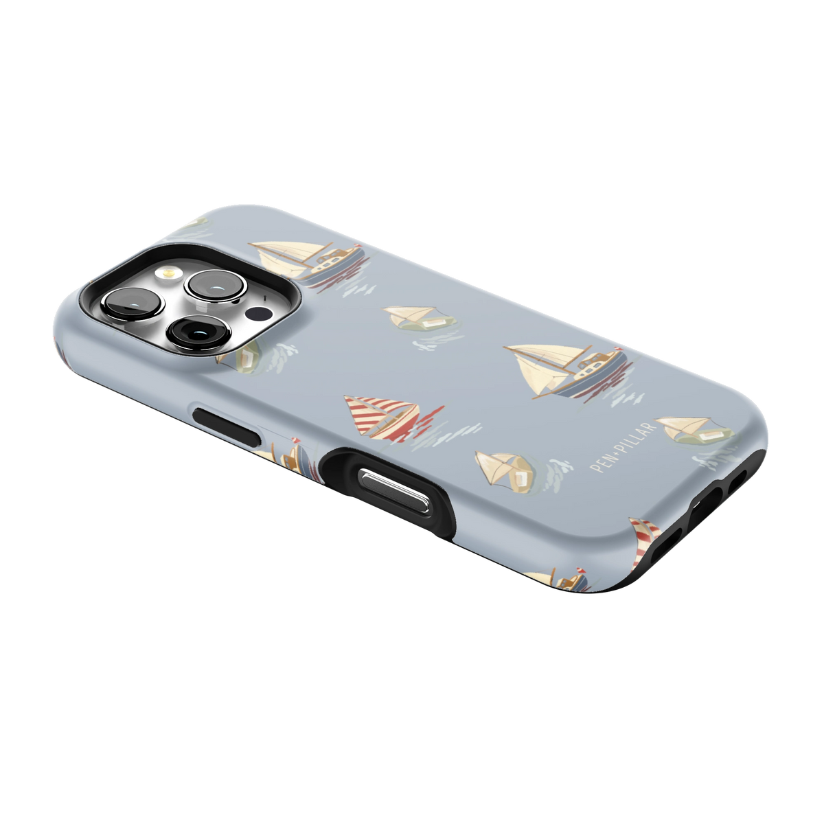 Harbor iPhone 16 Pro case lying at an angle, showing the side buttons and print wrapping the edges