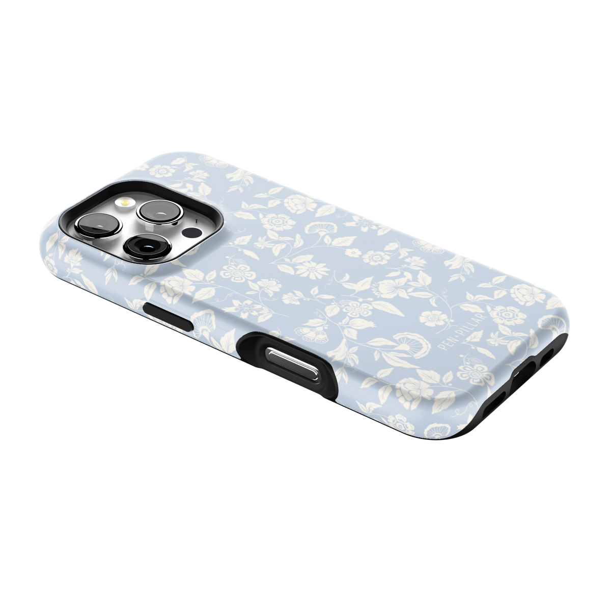 Spritz iPhone 16 Pro case lying at an angle, showing the side buttons and print wrapping the edges