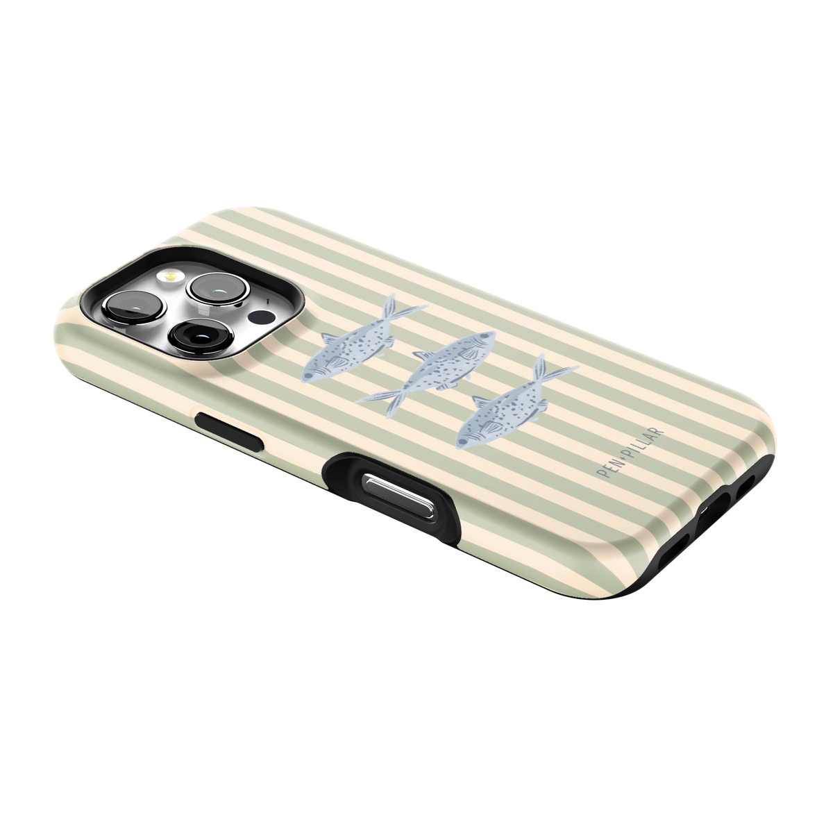 Sea Stripes iPhone 16 Pro case lying at an angle, showing the side buttons and print wrapping the edges