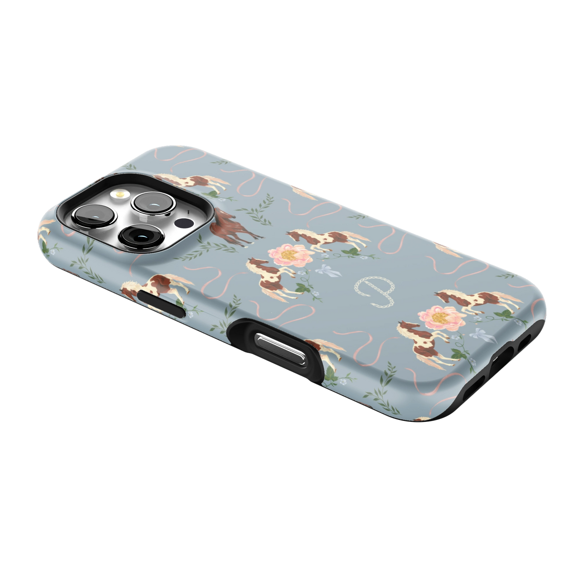 Prairie Personalized iPhone 16 Pro case lying at an angle, showing the side buttons and print wrapping the edges