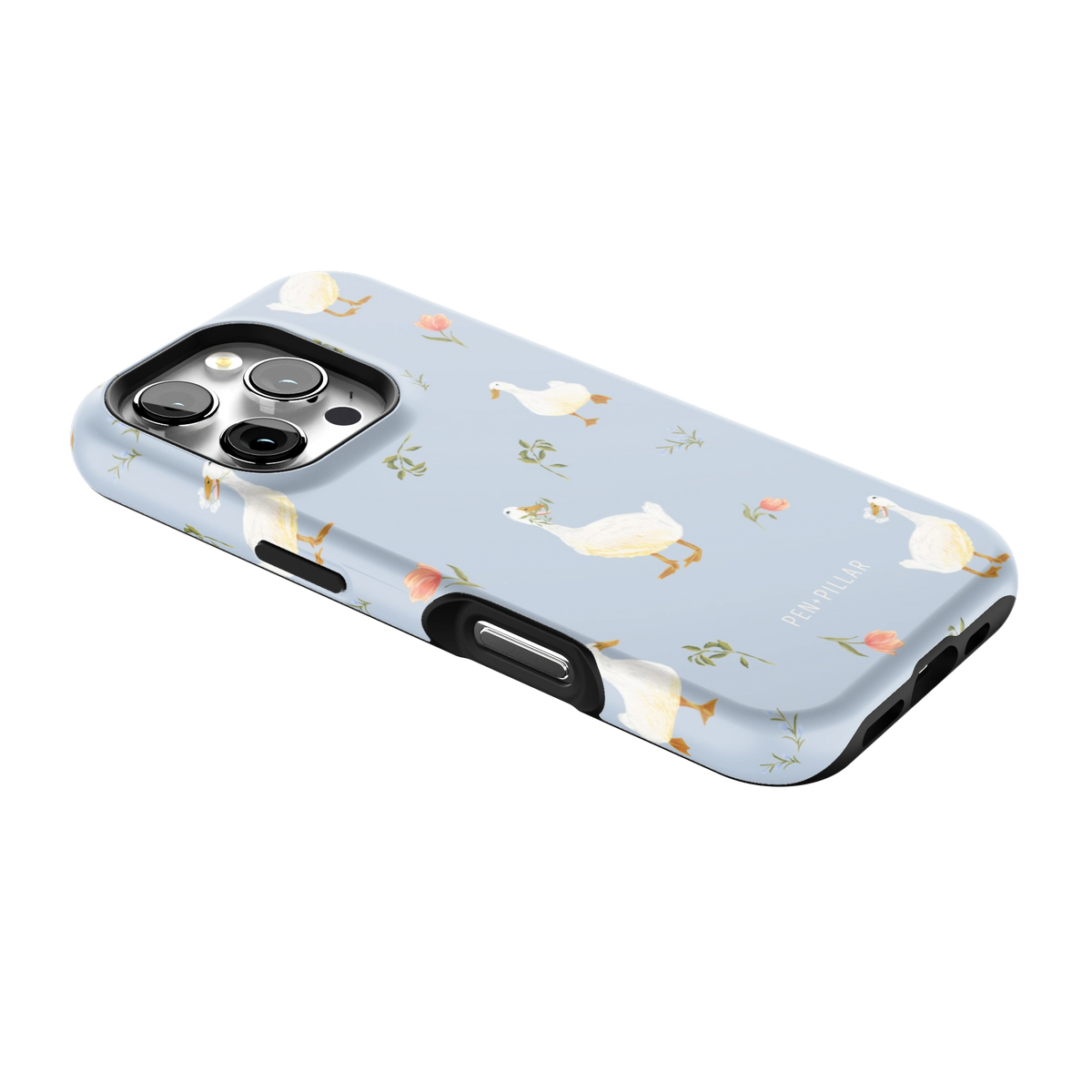 Ducks iPhone 16 Pro case lying at an angle, showing the side buttons and print wrapping the edges