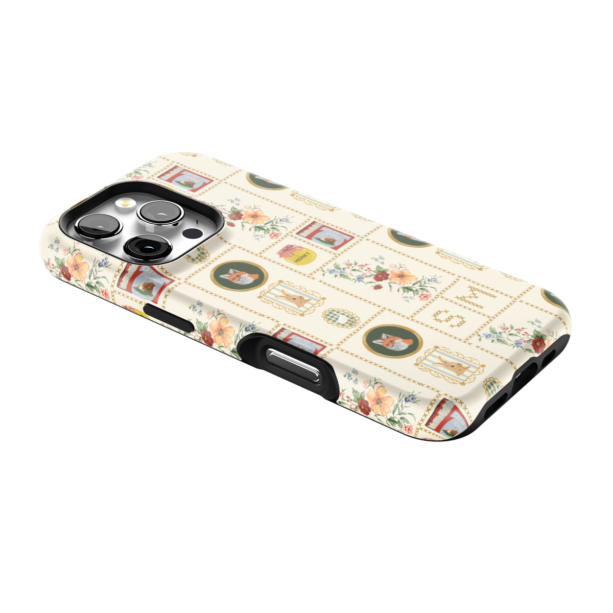 Sampler Personalized iPhone 16 Pro case lying at an angle, showing the side buttons and print wrapping the edges