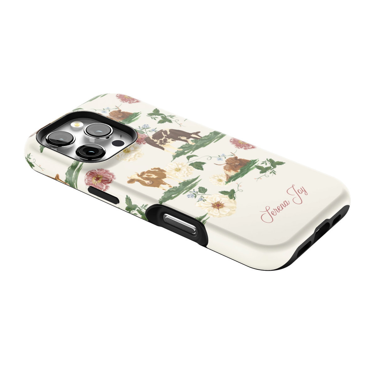 Pasture Personalized iPhone 16 Pro case lying at an angle, showing the side buttons and print wrapping the edges
