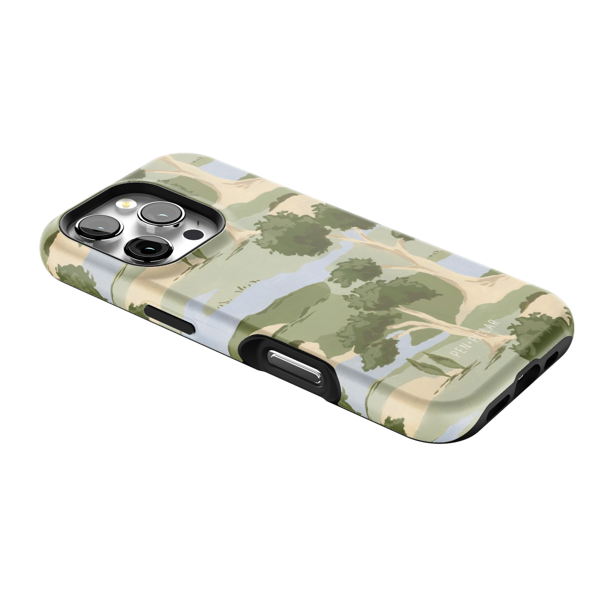 Orchard iPhone 16 Pro case lying at an angle, showing the side buttons and print wrapping the edges