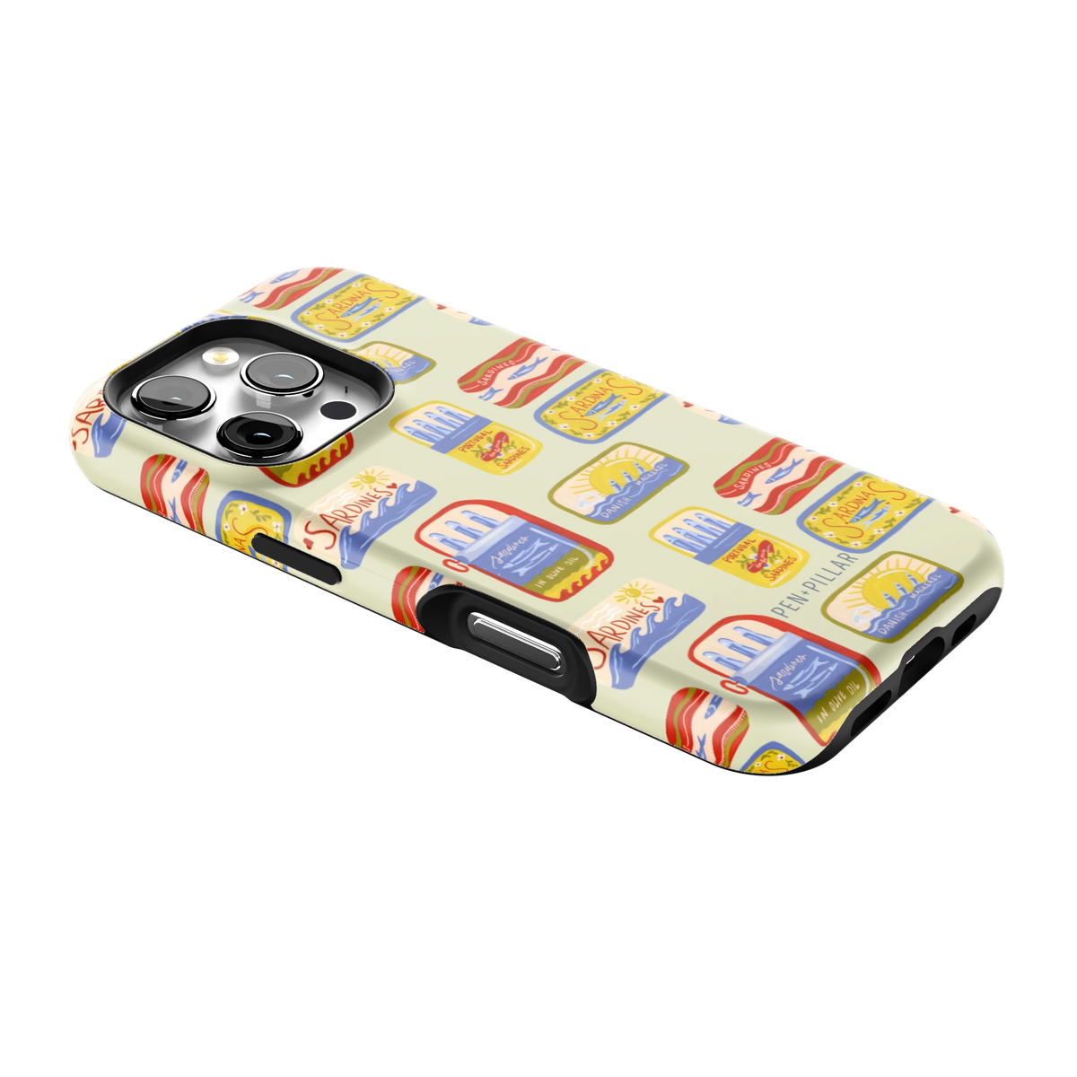 Sardines iPhone 16 Pro case lying at an angle, showing the side buttons and print wrapping the edges