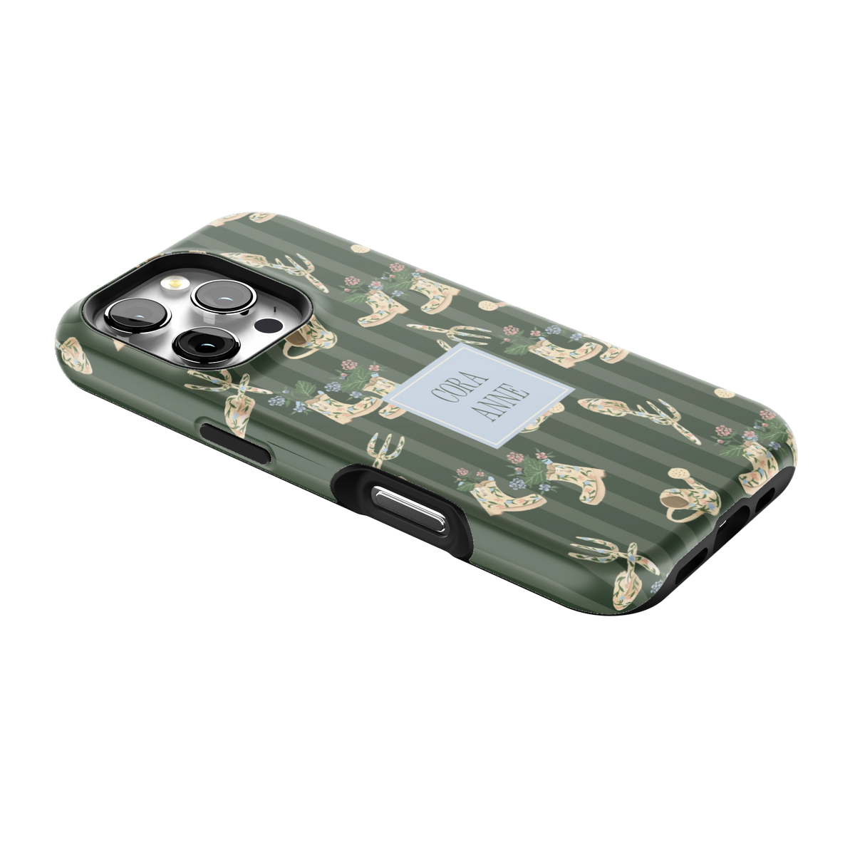 In the Garden Personalized iPhone 16 Pro case lying at an angle, showing the side buttons and print wrapping the edges