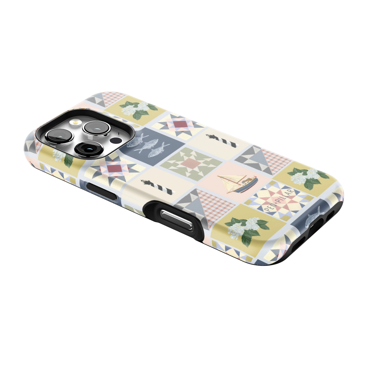 Coastal Quilt iPhone 16 Pro case lying at an angle, showing the side buttons and print wrapping the edges