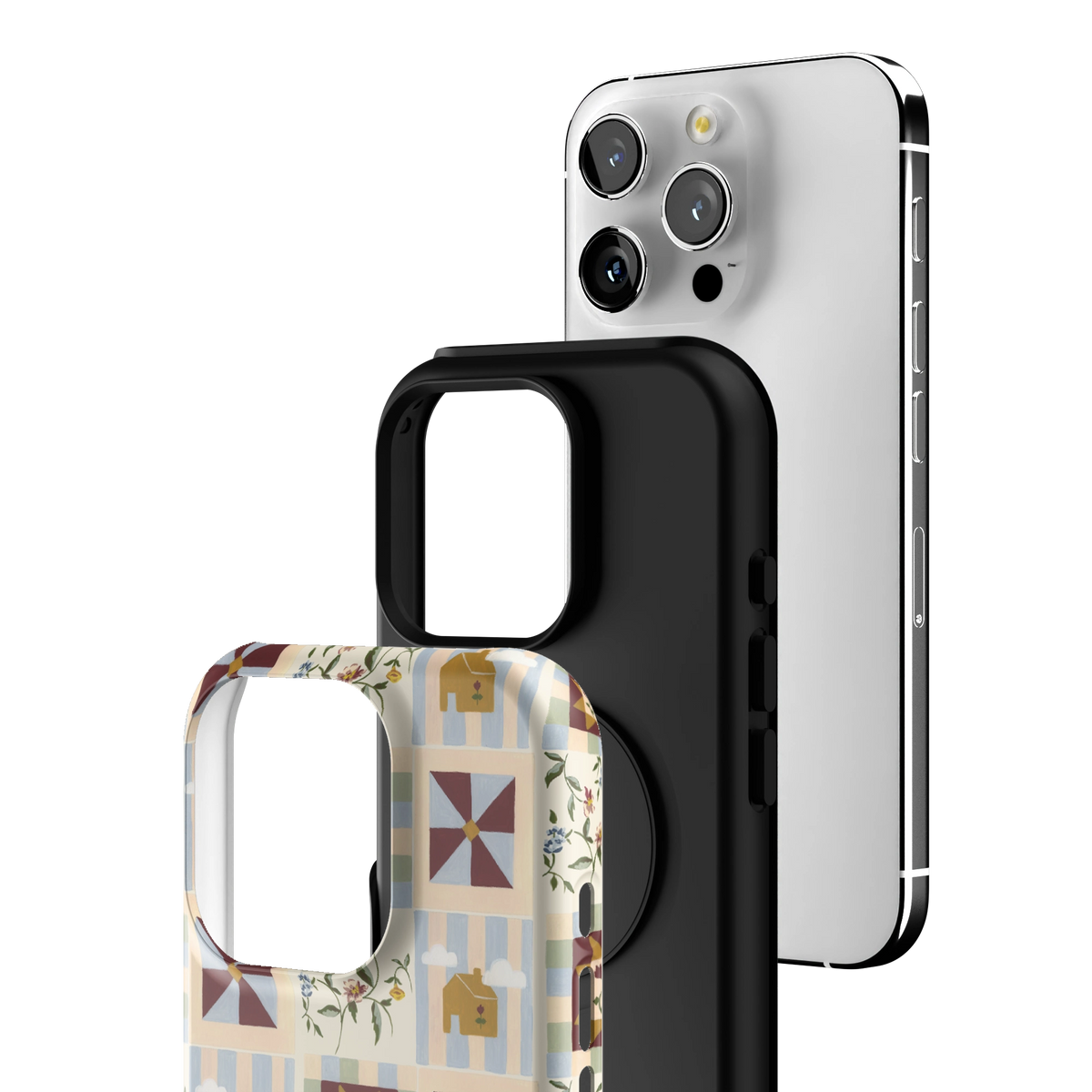 Exploded view of the Pinwheel Personalized iPhone 16 Pro case: printed shell, black inner layer with MagSafe ring, and phone